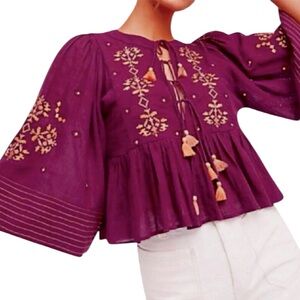 Free People Women’s Embroidered Tassels Plum Peplum Bell Sleeve Cotton Top sz L